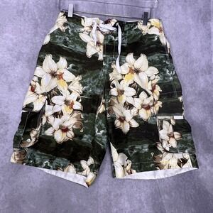 Island Shores Board Shorts Mens Size M Green Floral Lily Cargo Swim Trunks Exc